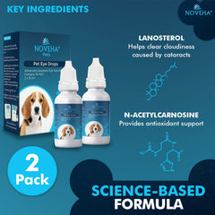 NOVEHA Pet Drops packaging box with Lanosterol and NAC formula.