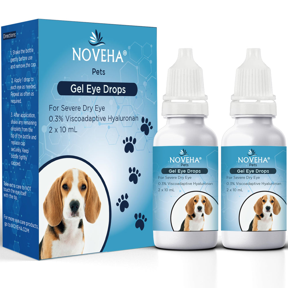 NOVEHA Pet Gel Eye Drops bottle front provides long-lasting eye hydration