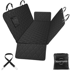 Novotopia dog seat cover back seat fully expanded protects against mud and fur.