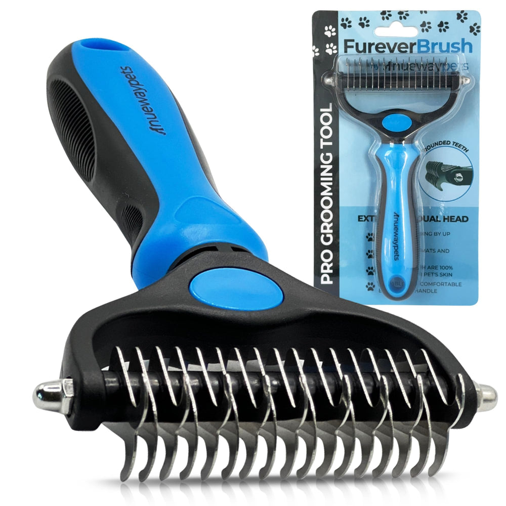NuewayPets FureverBrush dual-head design for deshedding and dematting on dogs