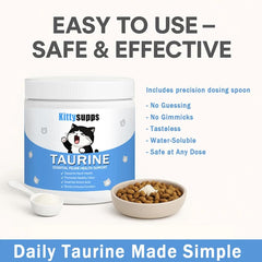Nukupuns KittySupps Taurine Powder pour demonstrates simple daily supplementation.