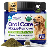 NuLife Dog Teeth Powder organic kelp container highlighting nutrient-rich formula for healthy gums.