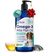 NuLife Liquid Fish Oil for Dogs with Coat Shine pump illustrates easy, daily dosing for healthier fur