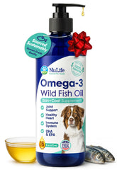 NuLife Liquid Fish Oil bottle promotes a glossy coat with omega-3 richness