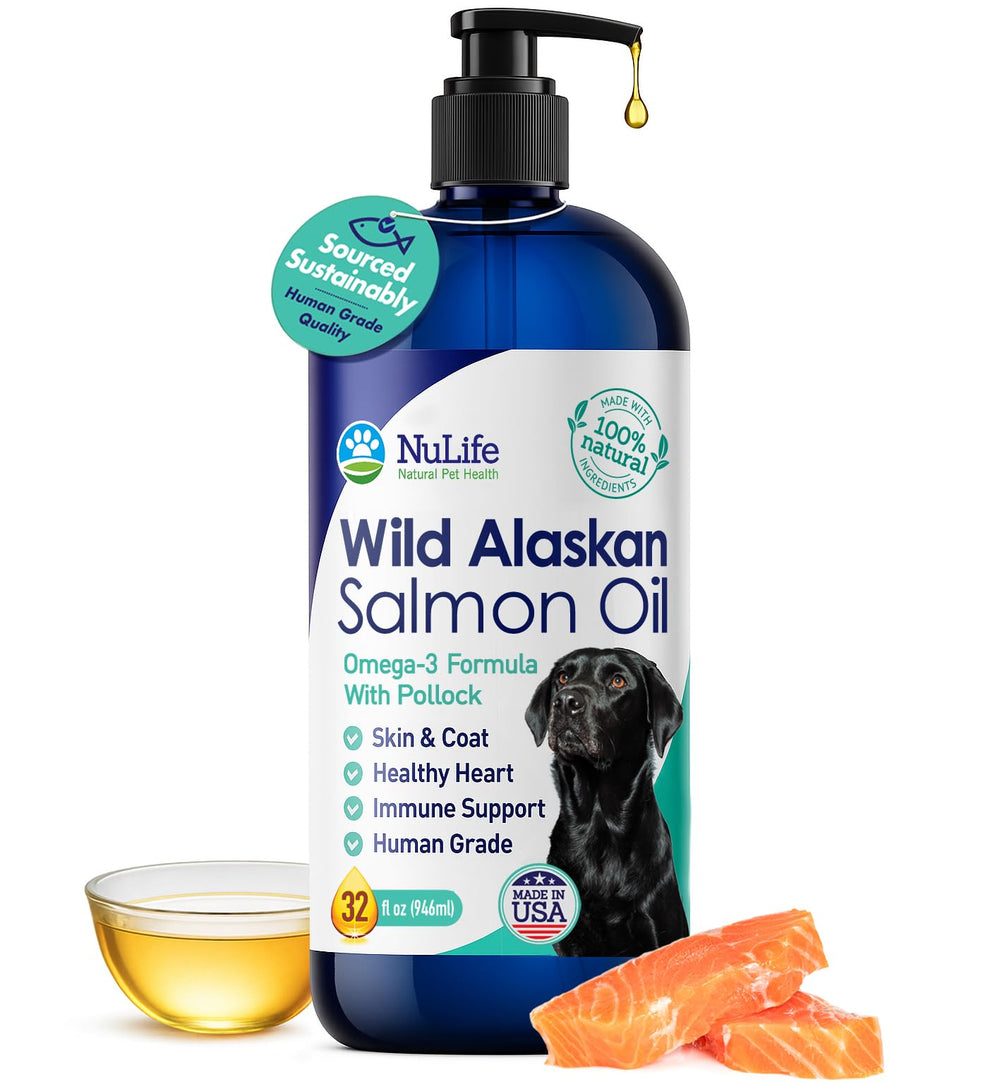 NuLife Natural Pet Health salmon oil bottle with pump, easy daily serving for skin and coat.