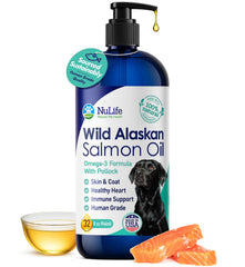NuLife Natural Pet Health salmon oil bottle with pump, easy daily serving for skin and coat.
