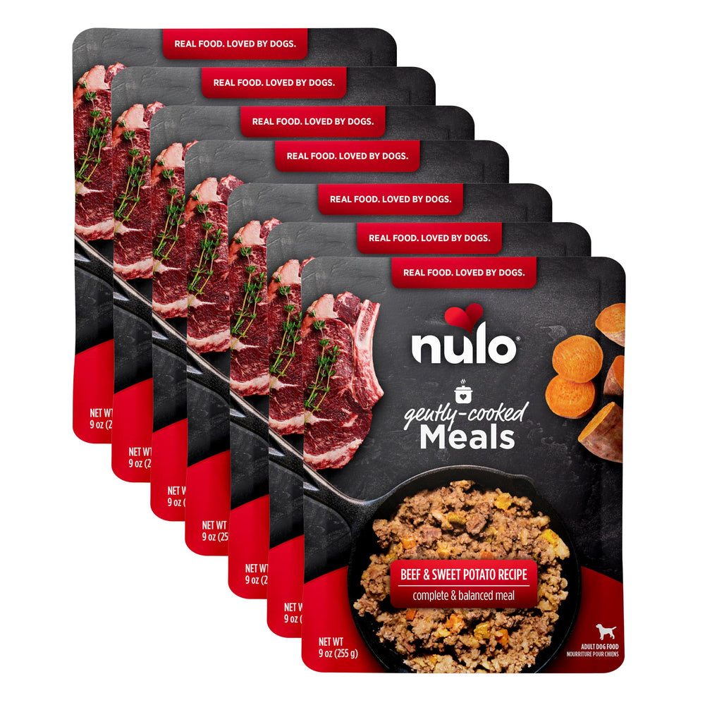 Nulo Gently-Cooked Meals beef-sweet-potato pouch for convenient, complete nutrition at mealtime.
