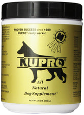 Nupro All Natural Dog Supplement jar front highlighting hair growth support.