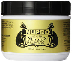 Nupro Health Nuggets for Cats jar closeup emphasizing natural nutrition support for felines