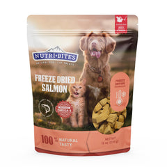 Nutri Bites freeze-dried salmon treats bag showing bulk value and single-protein nutrition