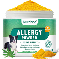 Nutridog allergy powder salmon-flavor in a dog bowl supports itchy skin relief and immune balance