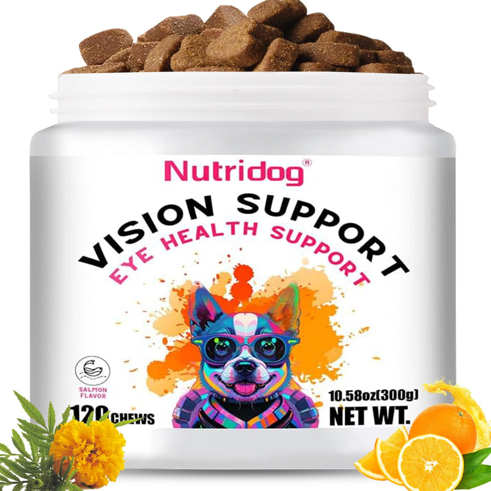 Nutridog eye supplements bottle with soft chews for canine eye health.
