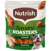 Nutrish Savory Roasters chicken dog treats pouch highlighting real chicken flavor for festive rewards.