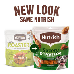 Nutrish Savory Roasters treats resealable bag showcases freshness and easy travel.