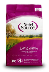 NutriSource Cat & Kitten Food 4lb bag showcases chicken and rice for all life stages and growing cats.