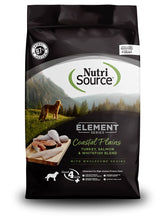 NutriSource Element Coastal Plains bag shows turkey, salmon, and whitefish for complete nutrition.