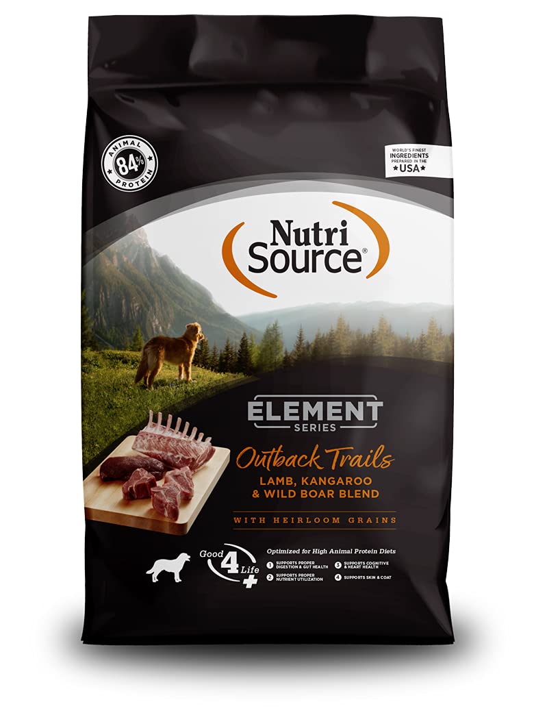 NutriSource Element Outback Trails 4lb bag shows grain-inclusive nutrition for versatile protein options.