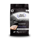 NutriSource Element Upland Stream bag open with high-protein kibble for all life stages.