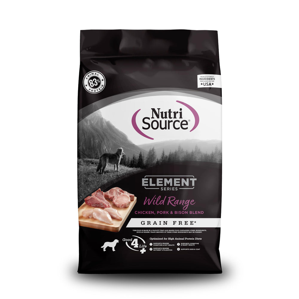NutriSource Element Series Wild Range kibble close-up with chicken-pork-bison, supports digestion.