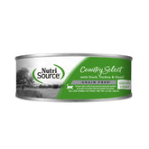 NutriSource grain-free County Select canned cat food label highlights grain-free nutrition for sensitive diets.