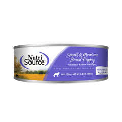 NutriSource Puppy Chicken and Rice canned dog food can supports growth and gentle digestion.