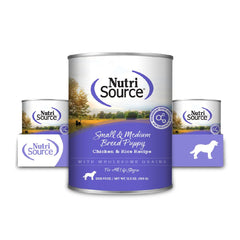 NutriSource puppy chicken and rice wet food bowl showing savory texture for healthy meals.