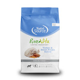 NutriSource Pure Vita grain-free turkey and sweet potato dry dog food bag front highlighting grain-free formula