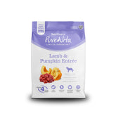 NutriSource Pure Vita lamb-pumpkin dog food bag closeup showing grain-free formula for lean muscles