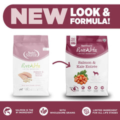 NutriSource Pure Vita salmon-kale kibble close-up highlights probiotic-coated texture for digestion.