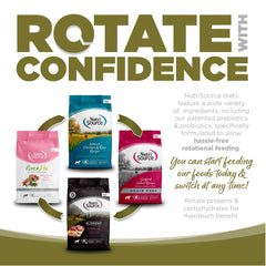 NutriSource packaging label photo communicates grain-free recipe and all life stages suitability.