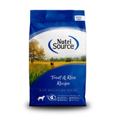 NutriSource Trout and Rice dry dog food bag – grain-inclusive nutrition for all life stages.