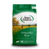NutriSource Turkey & Rice dog food 5lb packaging, highlighting quality ingredients for digestion support.