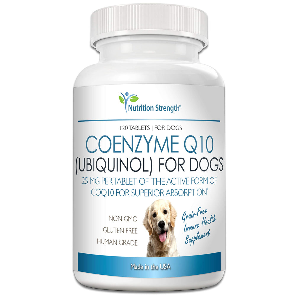 Nutrition Strength CoQ10 for dogs bottle shows chewable tablets aiding energy and heart health.