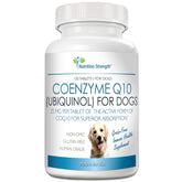 Nutrition Strength CoQ10 for dogs bottle shows chewable tablets aiding energy and heart health.