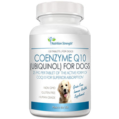 Nutrition Strength CoQ10 for dogs bottle shows chewable tablets aiding energy and heart health.
