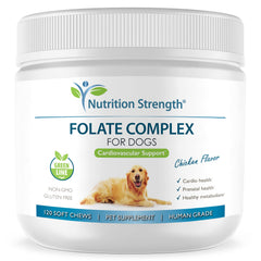 Nutrition Strength Folate for Dogs packaging highlights a premium supplement for cardiovascular support