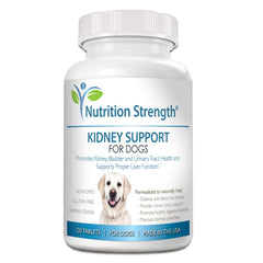 Nutrition Strength Kidney Support for Dogs bottle and tablets supporting kidney health.