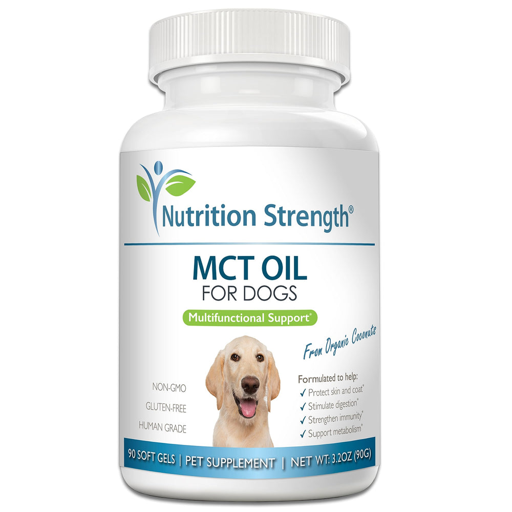 Nutrition Strength MCT oil for dogs bottle—easy daily dose and coat health.