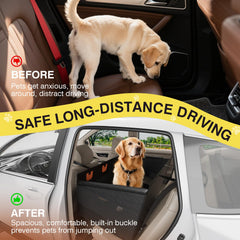 Nuzzpawur split-design backseat area highlights room for passengers while dogs stay secure.