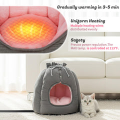NWK heated cat bed temperature-control dial highlights precise warmth for seasons and comfort.