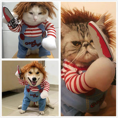 NXqilixiang Pet Deadly Doll Chucky dog costume on-dog display for cute party photos.
