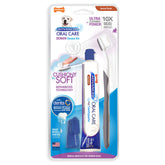 Nylabone Advanced Oral Care Senior Dog Dental Kit toothbrush shows cushiony soft-bristle design for gentle cleaning
