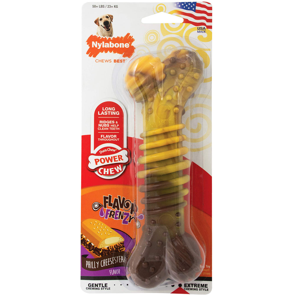 Nylabone Flavor Frenzy XL Philly Cheesesteak flavor chew toy for aggressive chewers.
