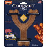 Nylabone Gourmet Style Wishbone Bacon Flavor for large dogs delivers satisfying chew flavor.