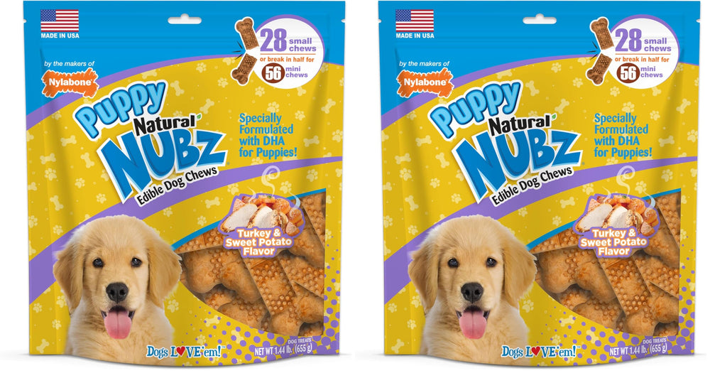 Nylabone Nubz puppy chew in turkey and sweet potato flavor supports dental health and training.