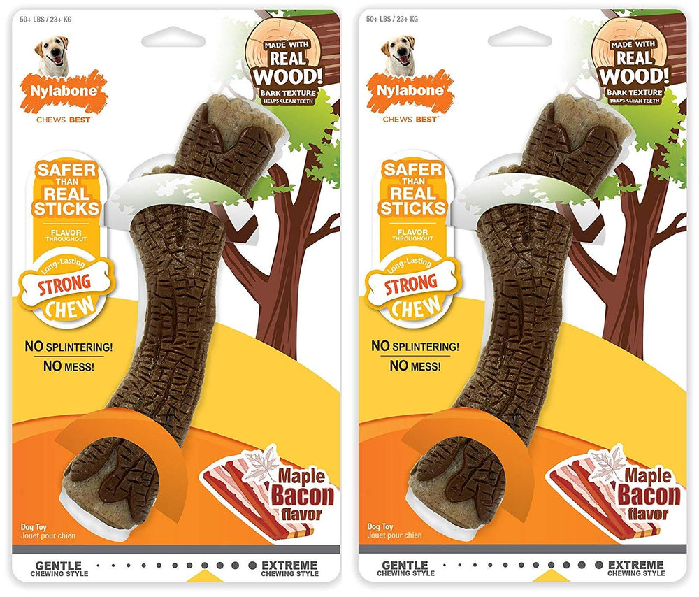 Nylabone strong chewy maple bacon stick bone for dogs over 50 pounds ready for chewing and dental support.