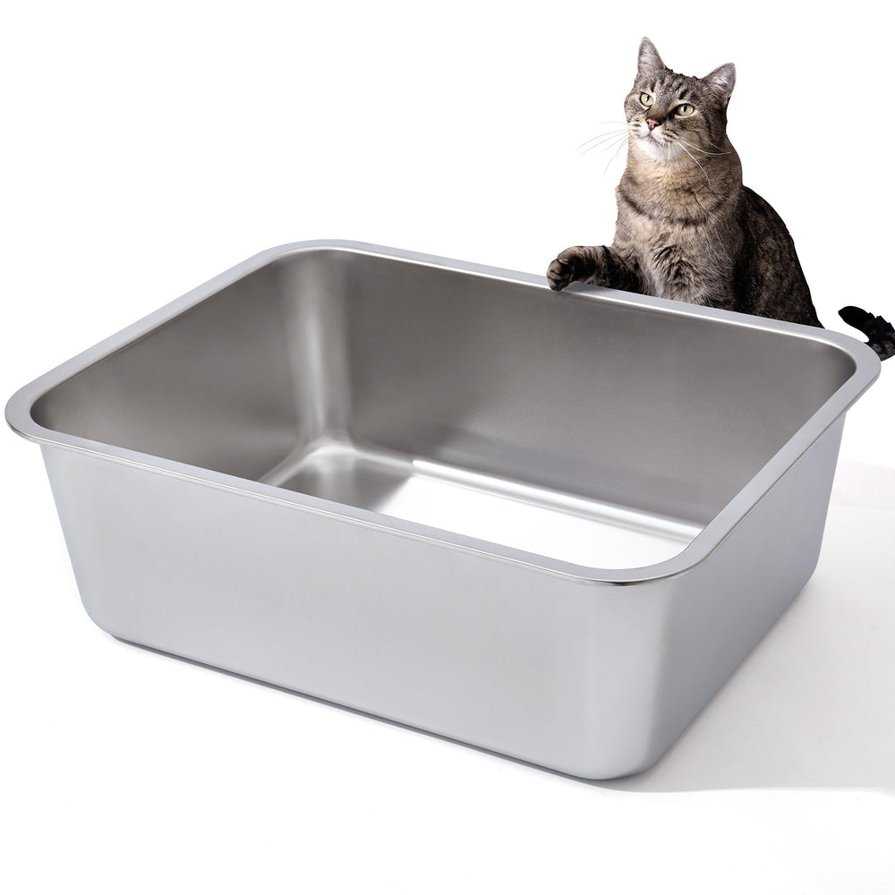 Nyutu stainless litter box front view emphasizes sturdy construction and containment.