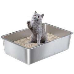 Nyutu stainless steel litter box top view showing 6-inch sides for reduced mess.