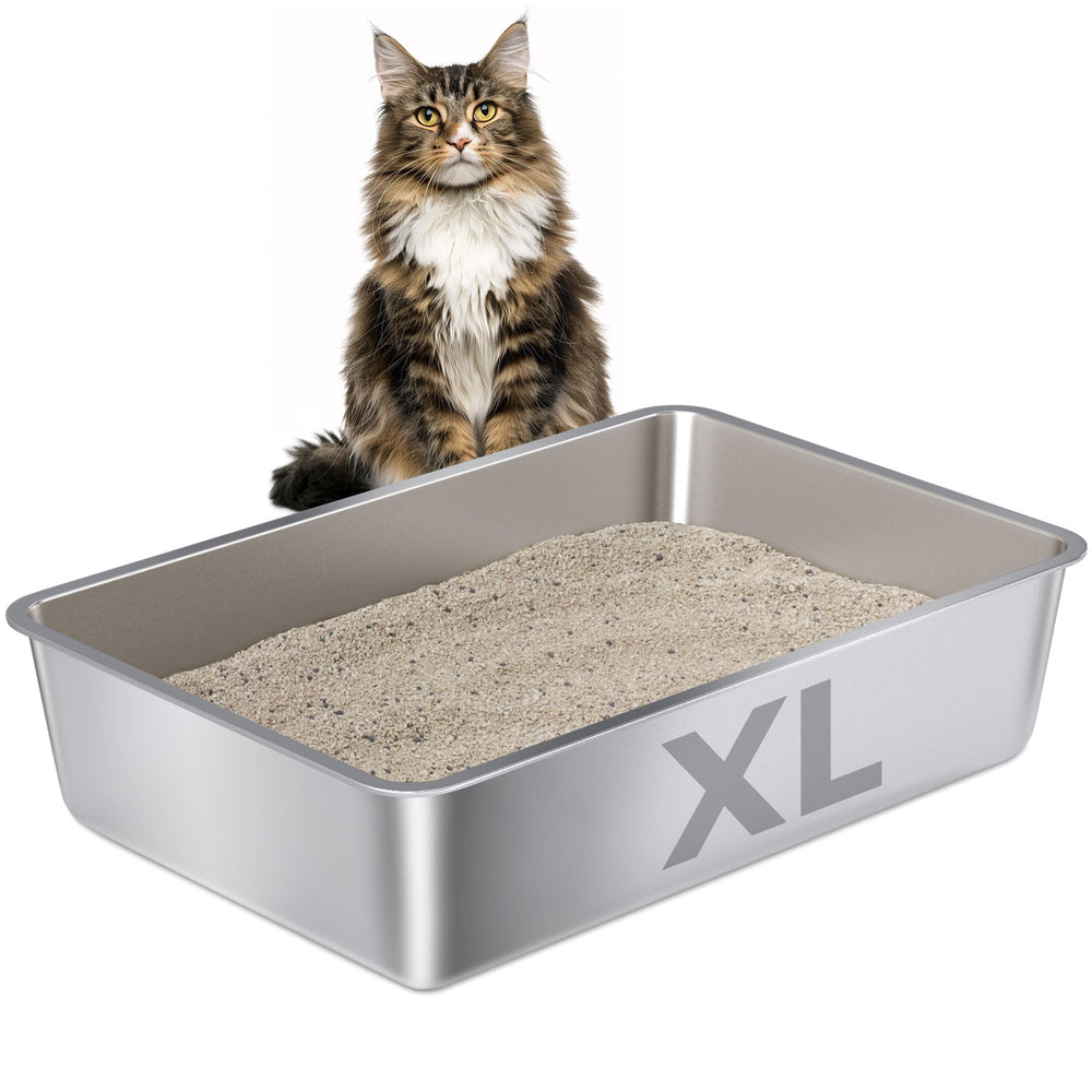 Nyutu XL stainless steel litter box front view highlights durable, easy-clean design for large cats