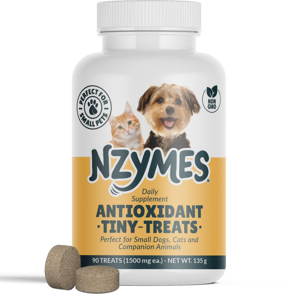 Nzymes Antioxidant Tiny Treats bottle-front image supports joints and vitality in small dogs.